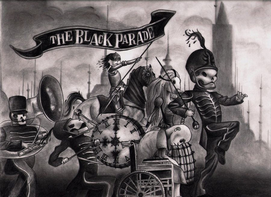 black and white illustration depicting skeleton band representing My Chemical Romance's song Welcome to the Black Parade